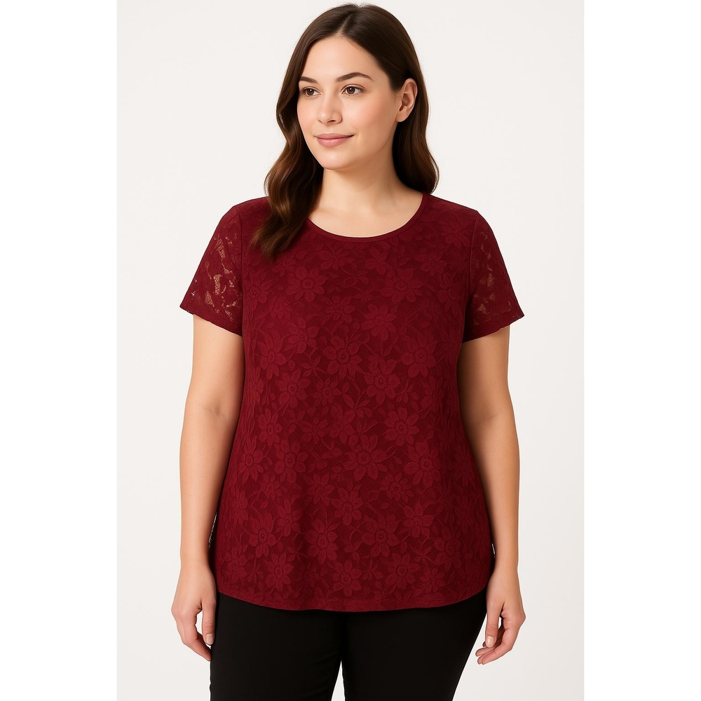 Always Indigo Burgundy Floral Lace Pattern Short Sleeves Round Neck Top‎ XL